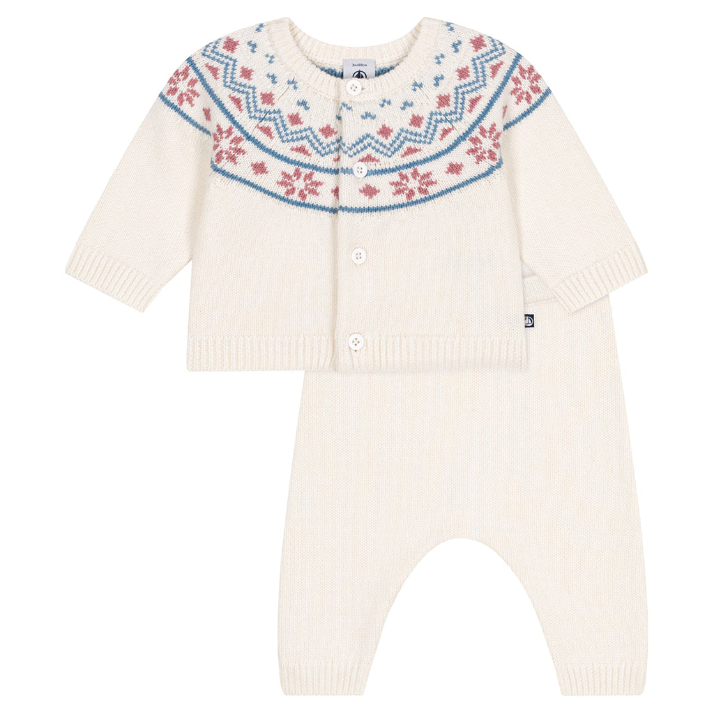 Petit Bateau Baby Two Piece Set Marshmallow White With Charm Pink Jacquard Knit