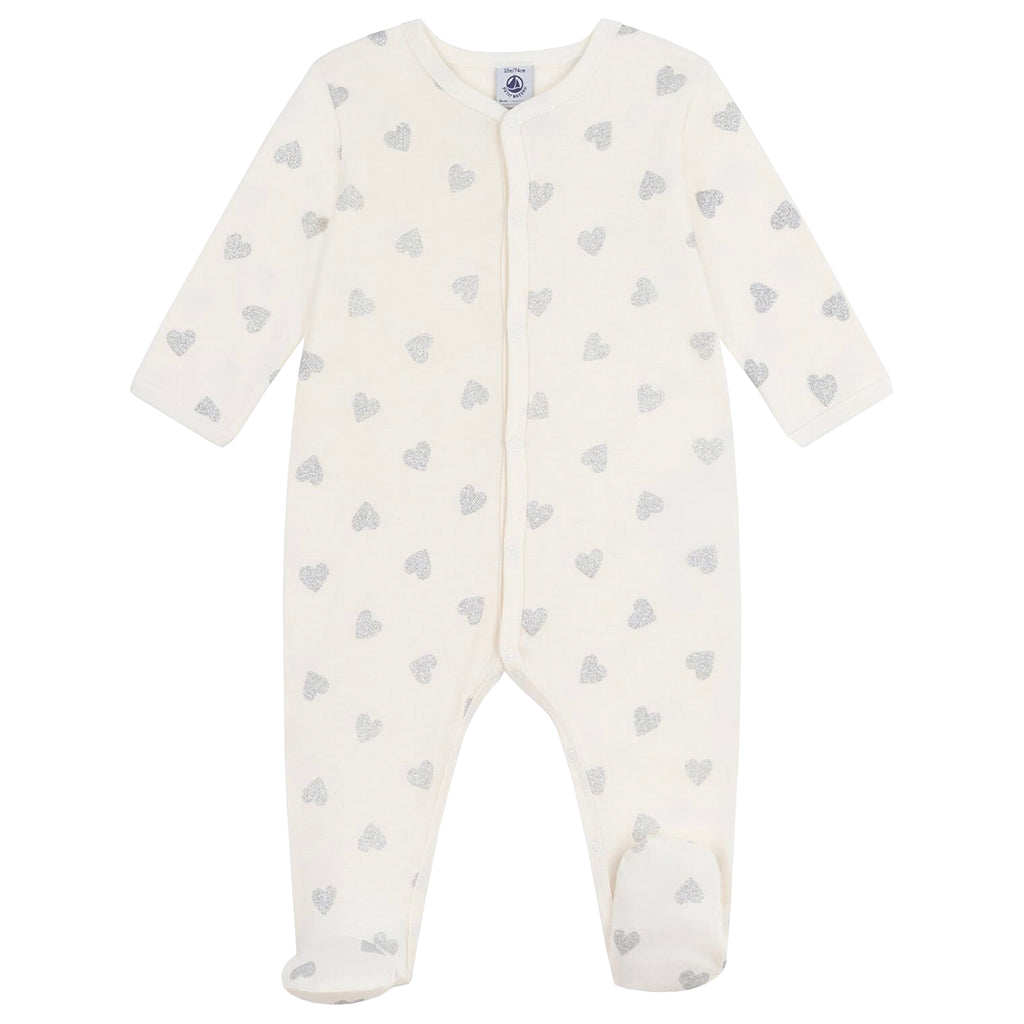 Petit Bateau Baby Pyjamas Milk Cream With Silver Heart Print