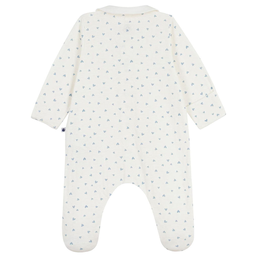 Petit Bateau Baby Collared Pyjamas Marshmallow White Flo Blue Heart Print