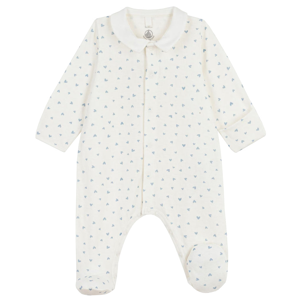 Petit Bateau Baby Collared Pyjamas Marshmallow White Flo Blue Heart Print
