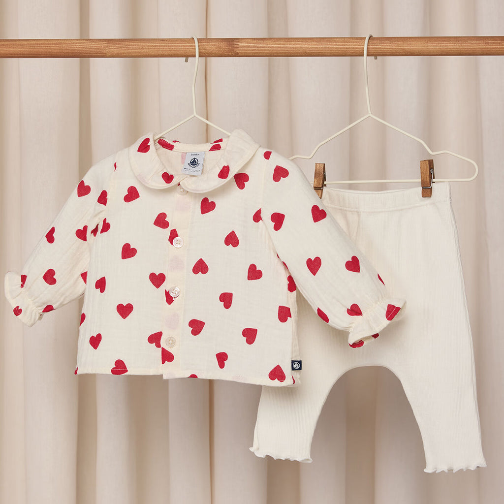 Petit Bateau Baby Two Piece Set Cream With Red Hearts Print