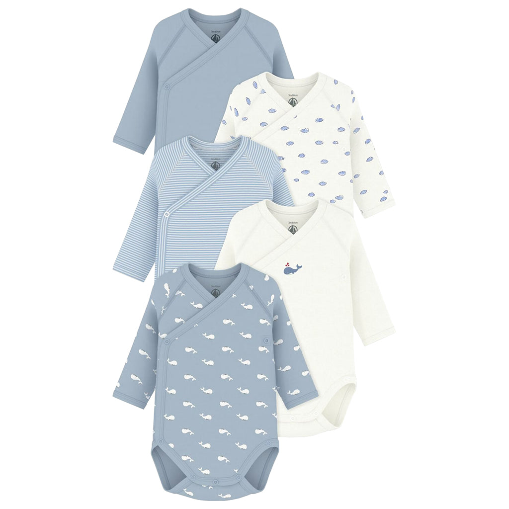 Petit Bateau Baby Set Of Five Wrap Bodysuits Blue Whale Print