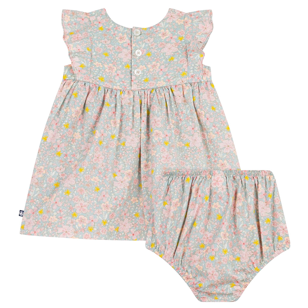 Petit Bateau Baby Dress With Bloomers Spray Blue Floral Print