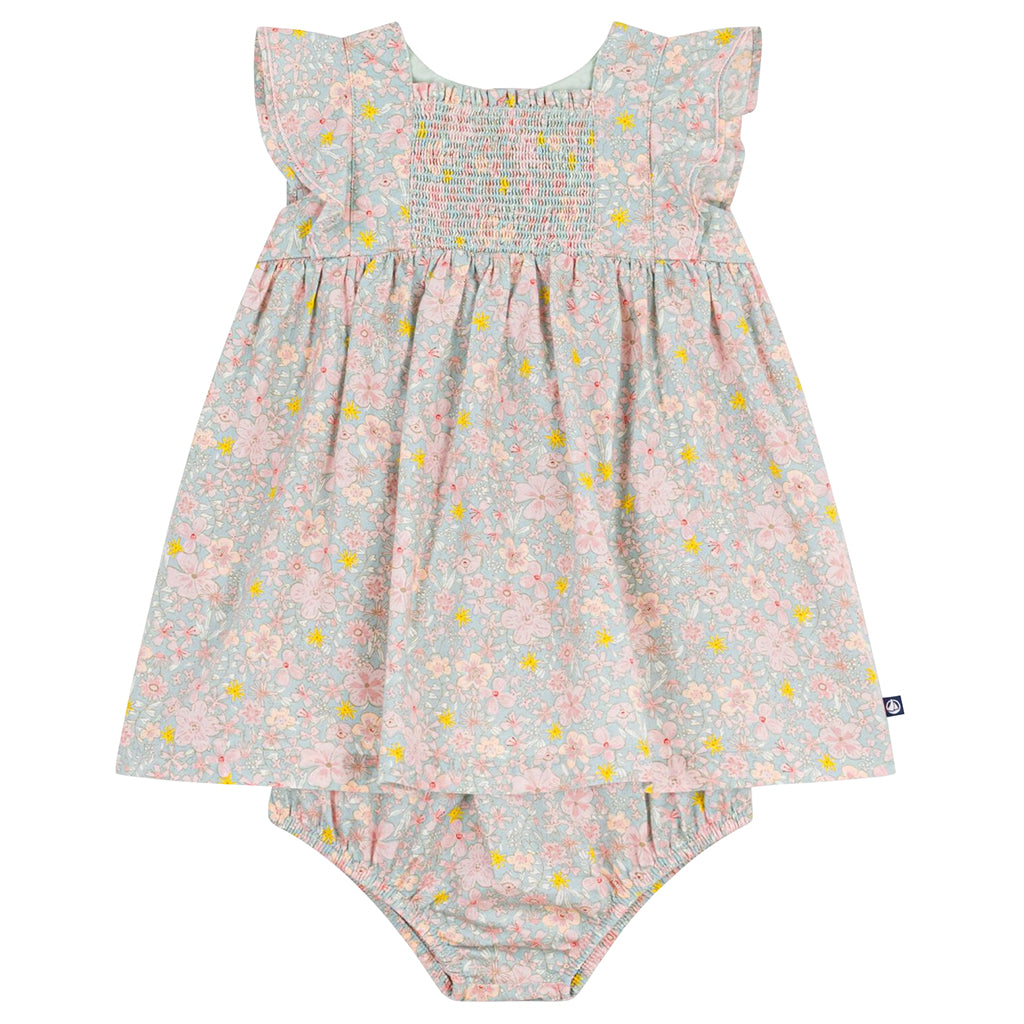 Petit Bateau Baby Dress With Bloomers Spray Blue Floral Print