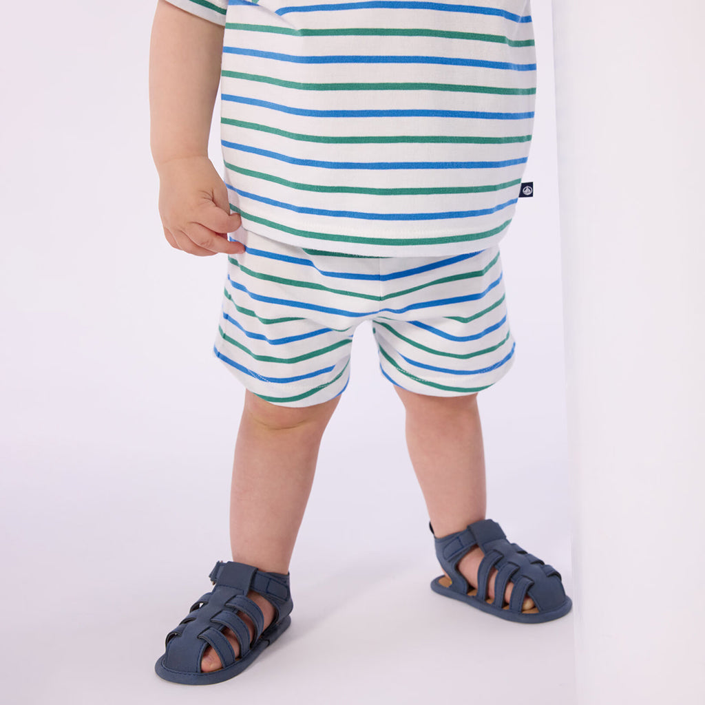 Petit Bateau Baby Shorts White With Green And Blue Stripes