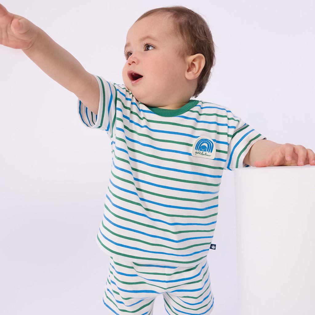 Petit Bateau Baby Shorts White With Green And Blue Stripes