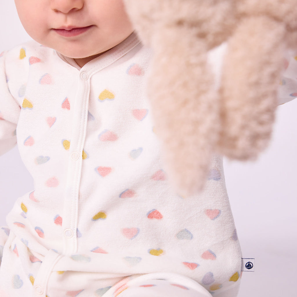 Petit Bateau Baby Velour Pyjamas White With Multicolour Heart Print
