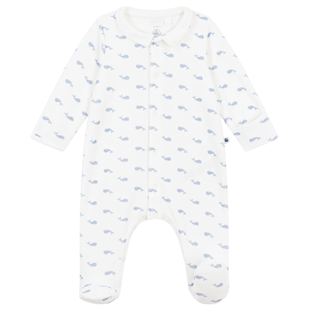 Petit Bateau Baby Velour Collared Pyjamas White With Whale Print