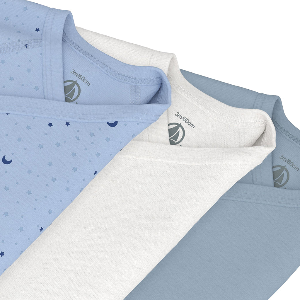 Petit Bateau Baby Set Of Three Wrap Bodysuits Polaire Blue
