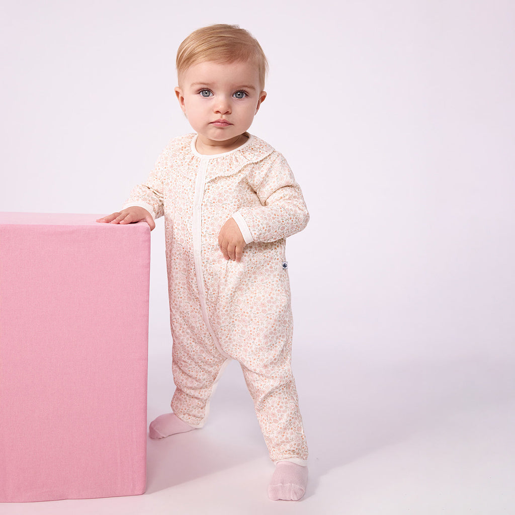 Petit Bateau Baby Ruffle Collar Pyjamas White With Floral Print