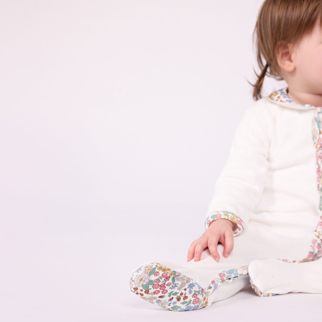 Petit Bateau Baby Collar Pyjamas White With Floral Print Trim