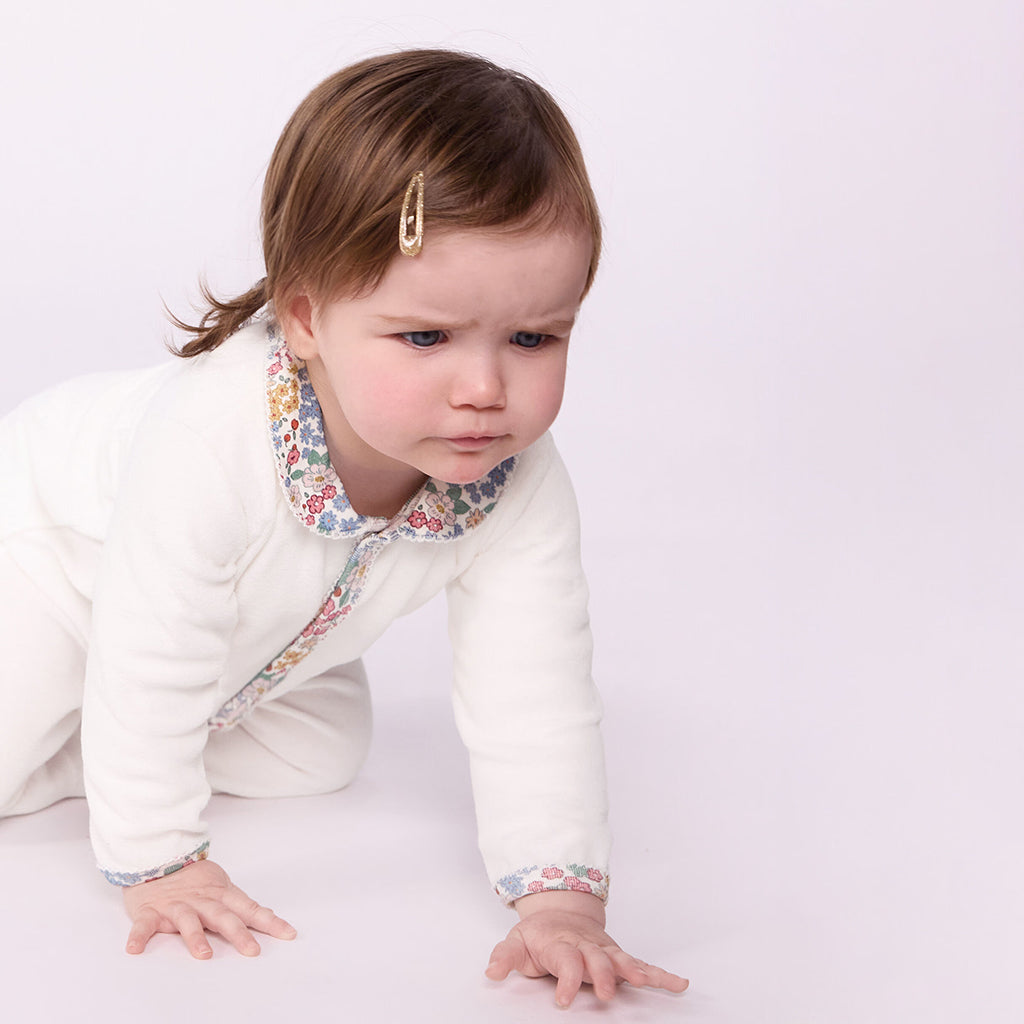 Petit Bateau Baby Collar Pyjamas White With Floral Print Trim