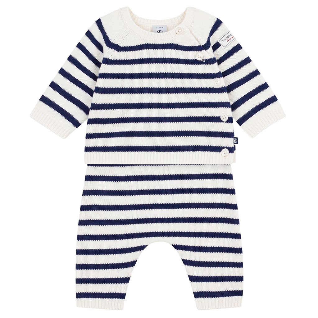 Petit Bateau Baby Two Piece Set White And Night Blue Stripes