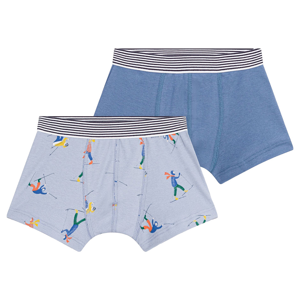 Petit Bateau Child Boy Set Of Two Boxer Underwear Polaire Blue Skiers Print