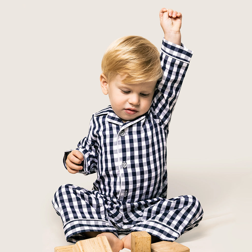 Petite Plume Baby Twill Winter Jumpsuit Navy Blue Gingham