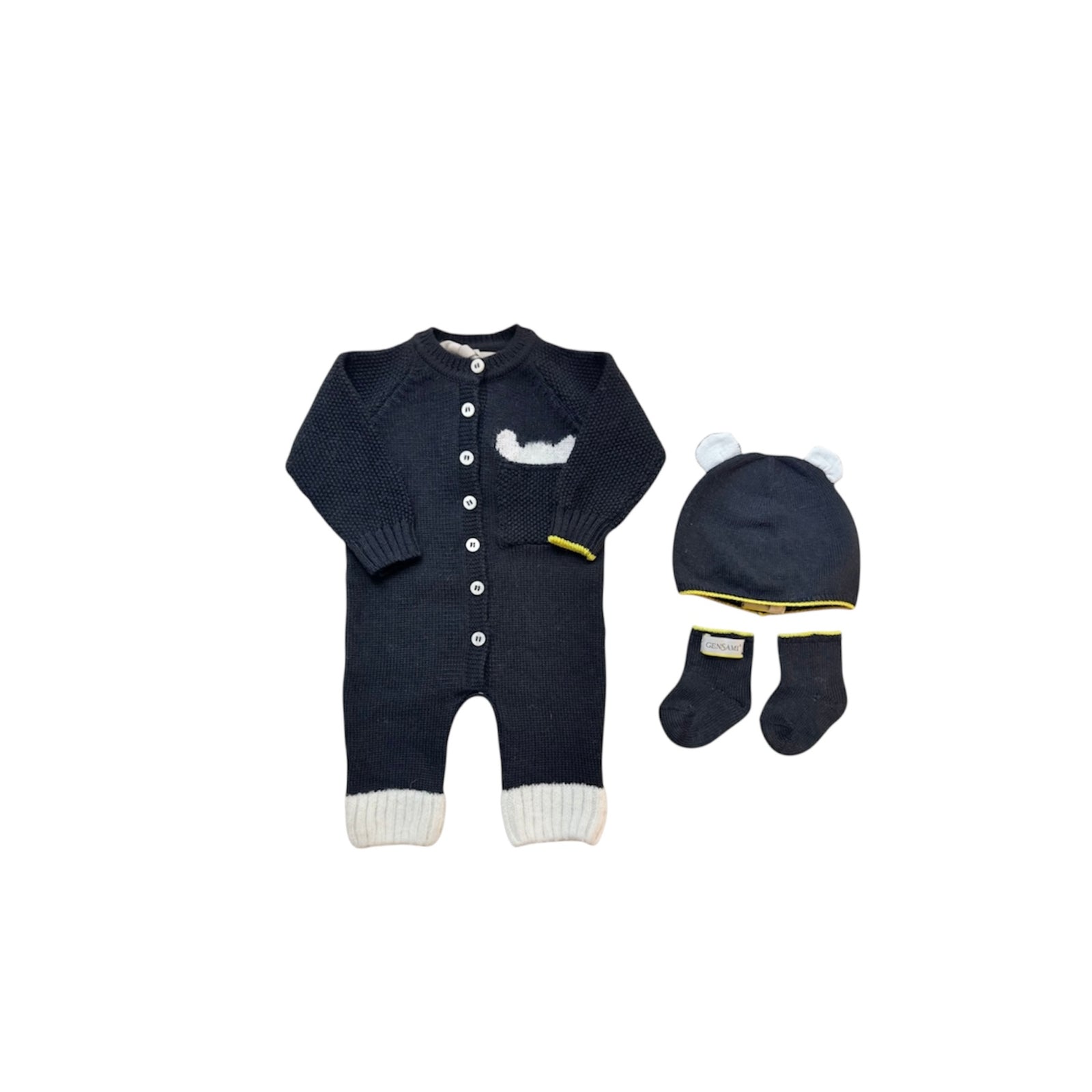 Gensami Baby Three Piece Set Peek-a-boo Alpachino Jumpsuit, Hat And Booties Black