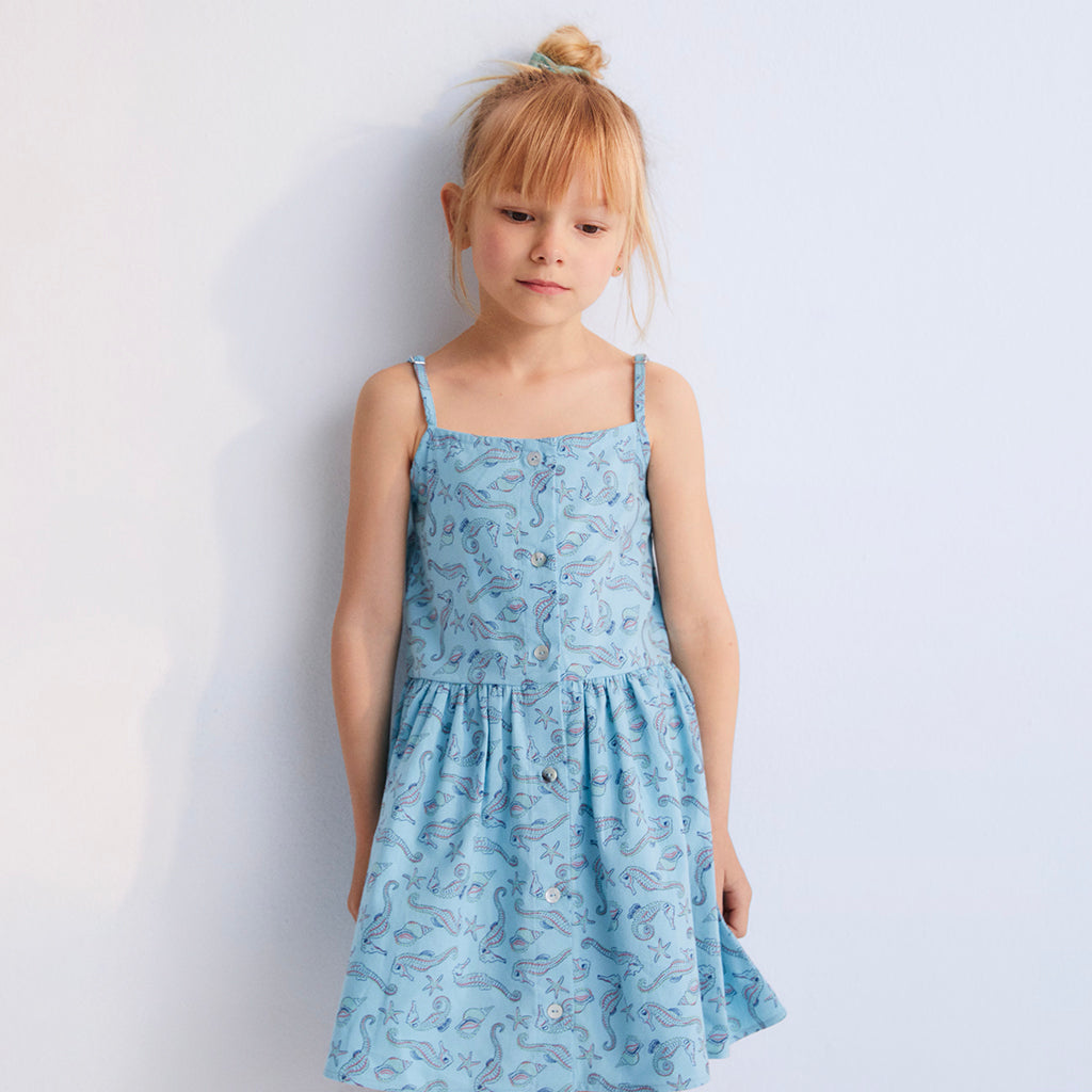 The New Society Child Io Dress Blue Seahorses Print