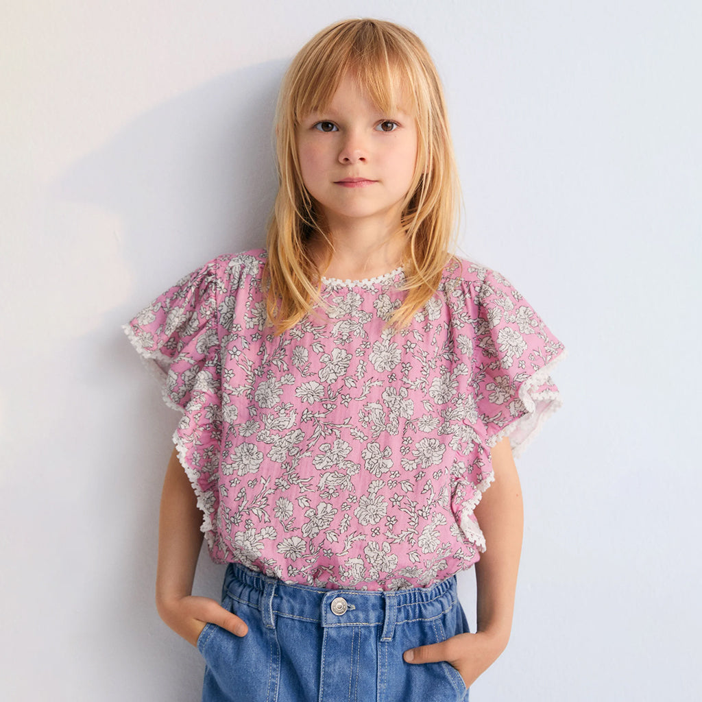 The New Society Child Melina Blouse Peony Hibiscus Pink Print