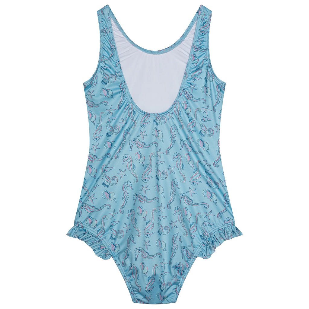 The New Society Child Swimsuit Blue Seahorses Print