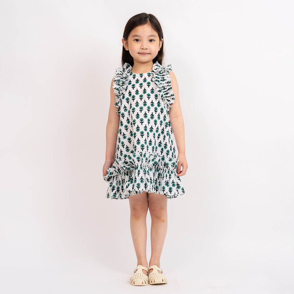 Tia Cibani Kids Child Lily Dress Emerald Green Floral Block Print