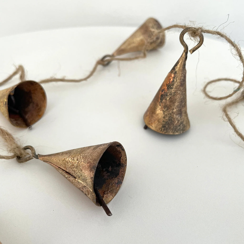 Fort & Field Rustic Tin Cone Shaped Brass Bell Jute Holiday Garland