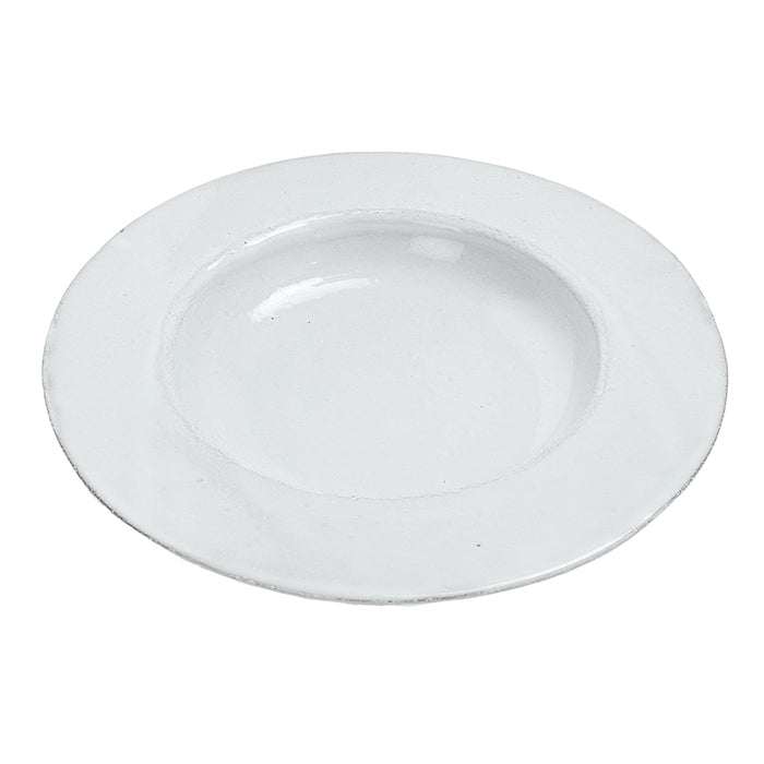 Round ceramic soup plate with a milky white glaze.