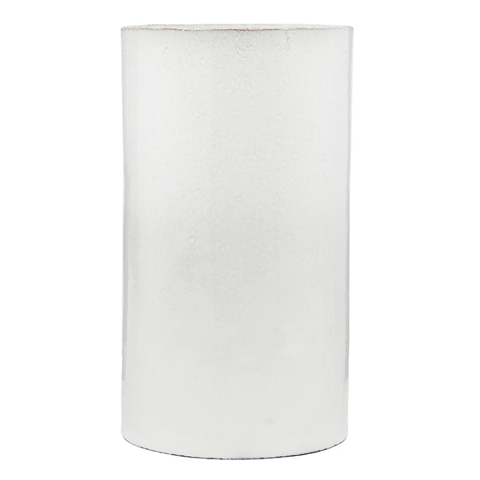 Cylindrical ceramic vase in a milky white glaze.