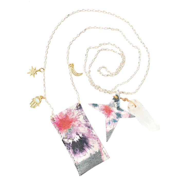 Gold chain necklace with charms, a tie-dye leather pocket pendant and a tie-dye leather star with a crystal attached.