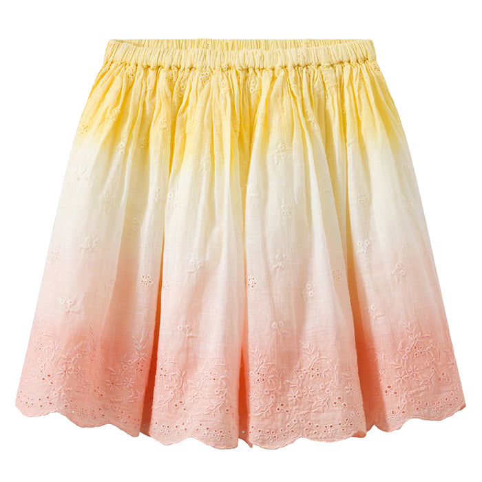 Cotton broderie anglaise gathered skirt in a yellow to pink gradient.
