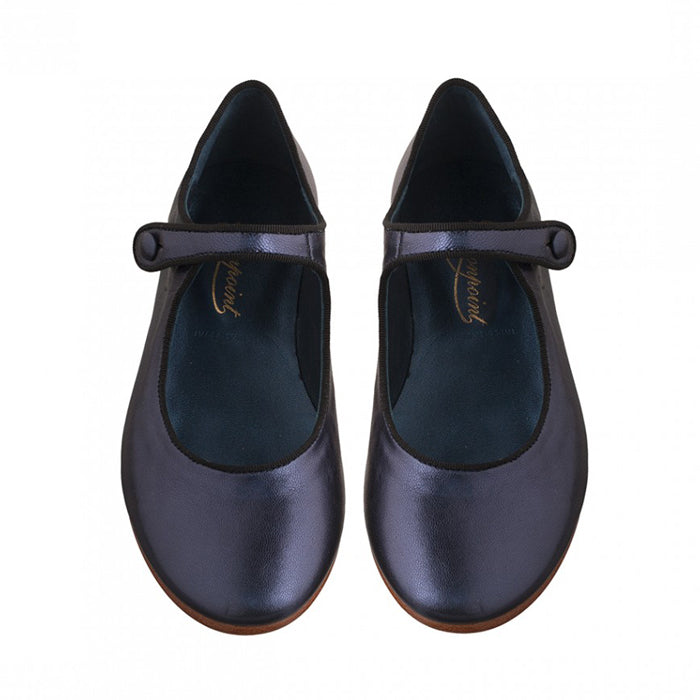 A pair of Mary Jane shoes in shiny blue from the front.