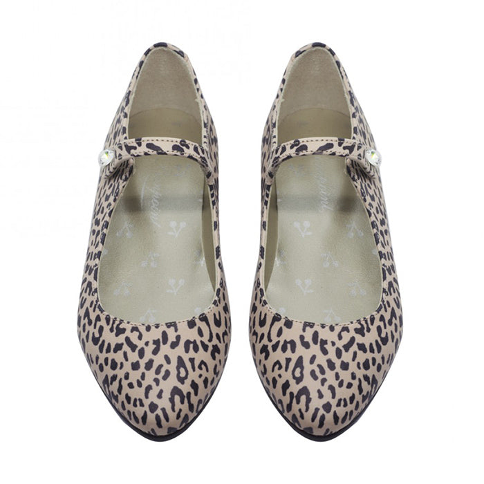 A pair of Mary Jane shoes in beige with a black cheetah print from the front.