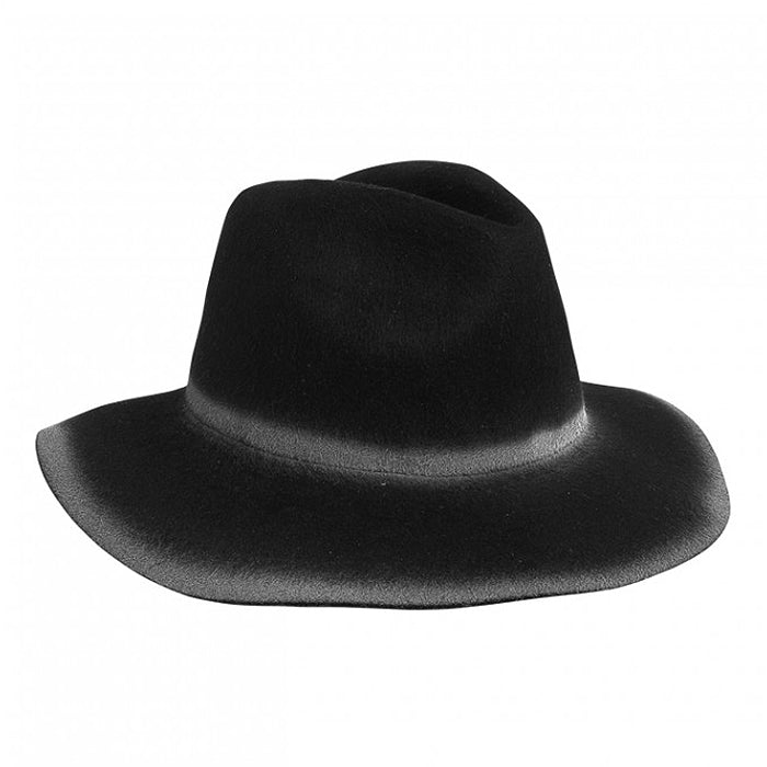 Black felt hat with grey sprayed stripes.