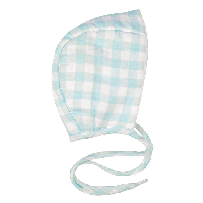 Baby bonnet in a white and pale blue gingham print.