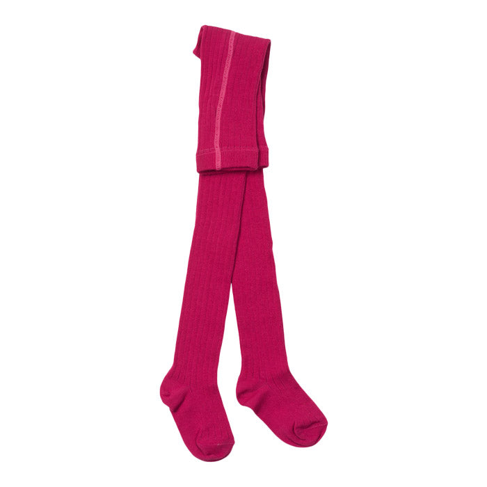 Bright pink ribbed knit tights.