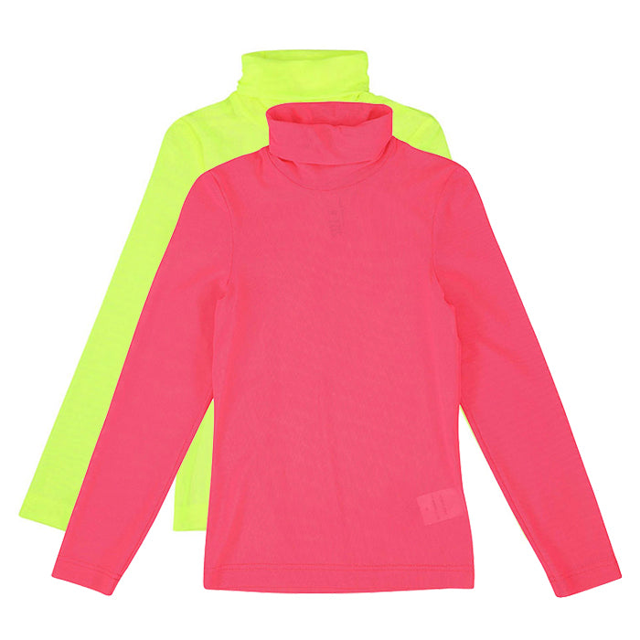 Two sheer mesh long sleeved turtlenecks in pink and neon yellow.