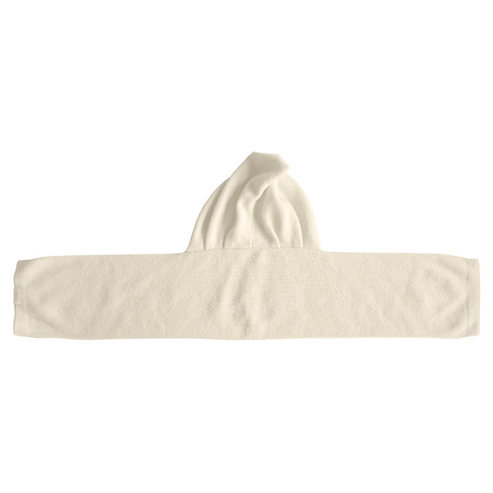 Cream knit scarf with an attached hood from the back.
