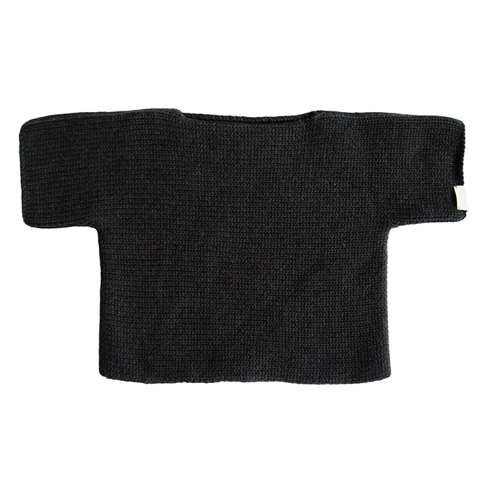 Black knit long sleeved sweater from the back.