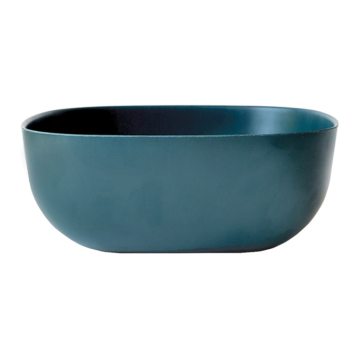 Green blue salad bowl with a square shape and rounded edges.