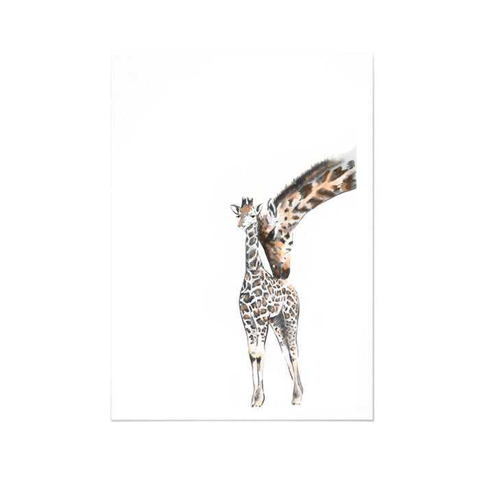 White card with a black and white illustration of a baby and mama giraffe on the front.