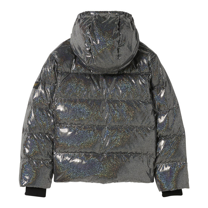 Black shiny iridescent down puffer jacket with a hood from the back.