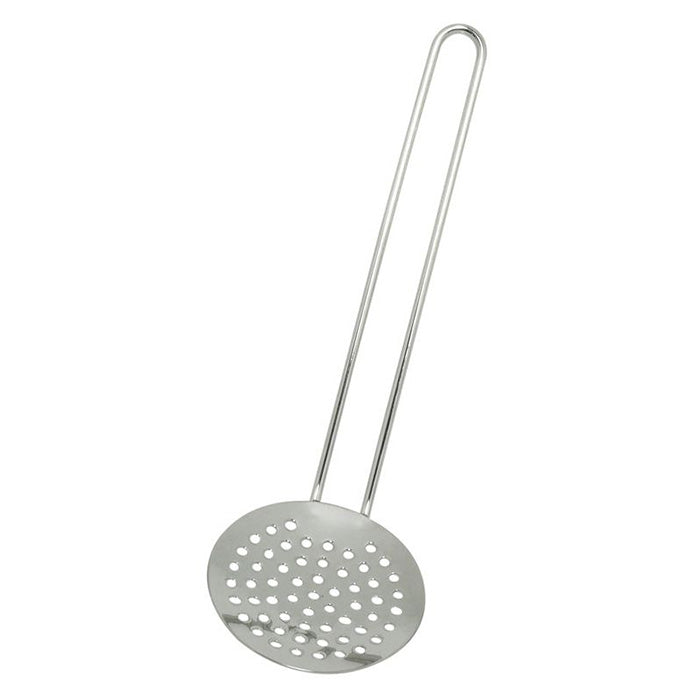 Silver metal toy strainer spoon.