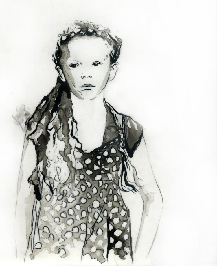 Commissioned black and white ink drawing of a girl by Elizabeth Dyer.