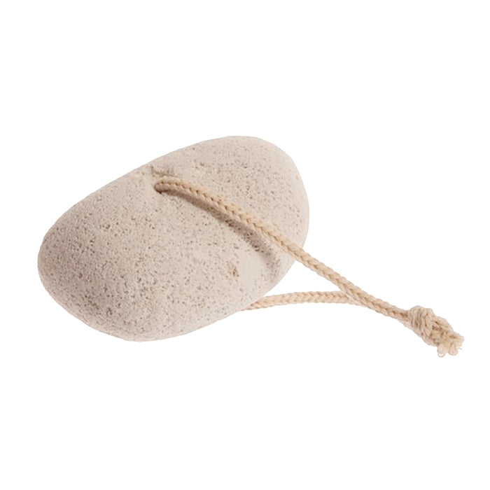 Pumice stone with a rope through it for hanging.