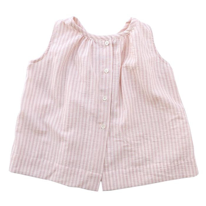 Sleeveless wide blouse with buttons down the back and white and red thin stripes from the back.