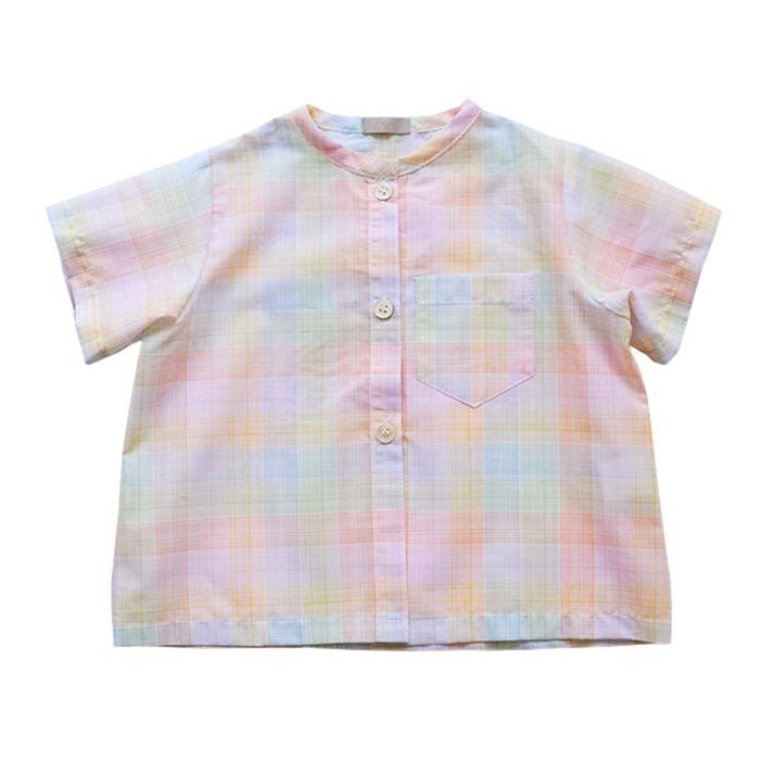 Short sleeved button up shirt in tiny rainbow coloured check pattern.