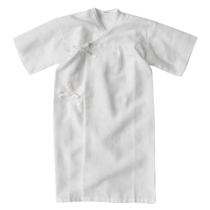 White cotton gauze kimono style wrap long gown with long sleeves.