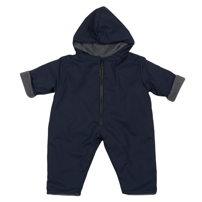 Navy blue snowsuit with a hood, zipper down the front and grey fleece lining.