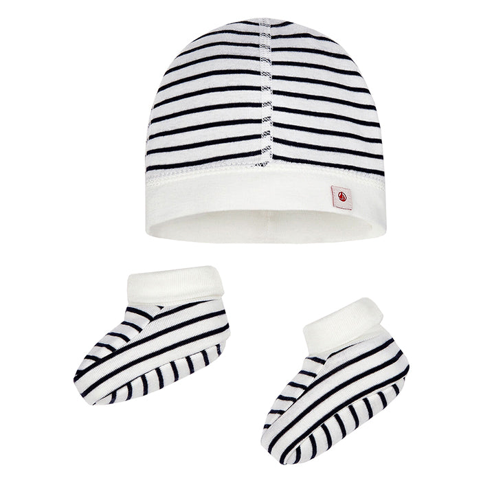 Petit Bateau Baby Hat And Booties Set Navy Blue Stripes