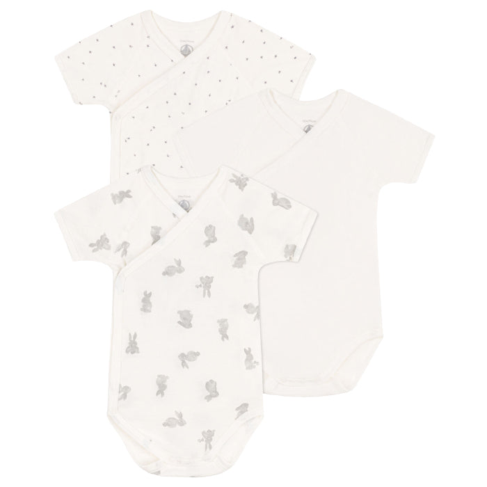Petit Bateau Baby Set Of Three Short Sleeved Bodysuits Bunny Print White