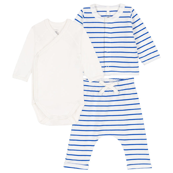 Petit Bateau Baby Three Piece Set White With Blue Stripes